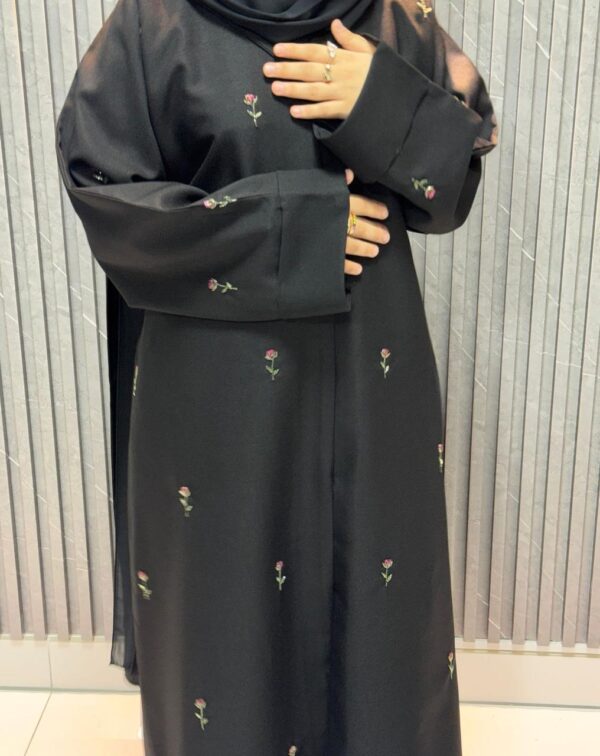 Straight Buttoned Up Abaya With Emroidered Flowers