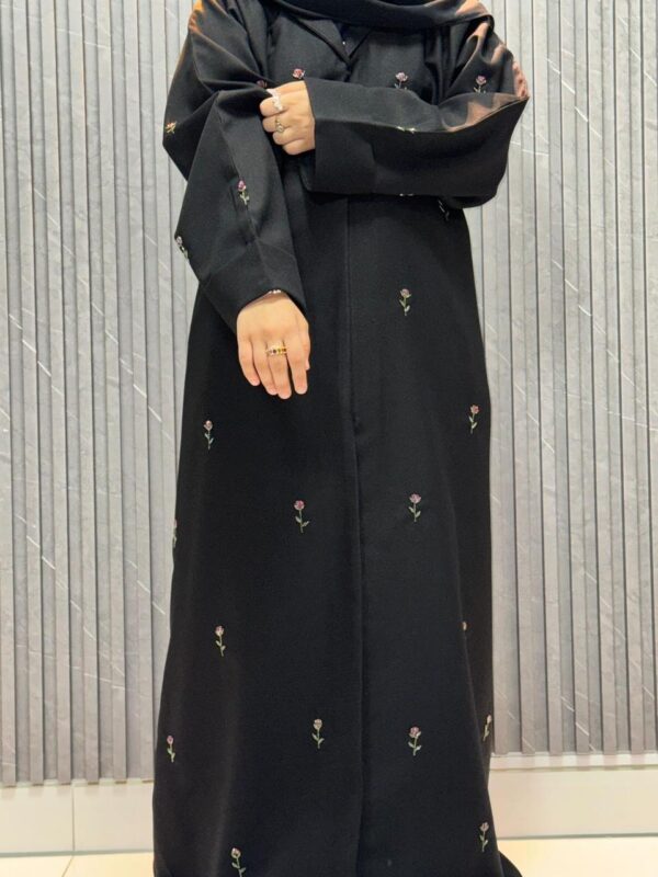 Straight Buttoned Up Abaya With Emroidered Flowers - Image 2