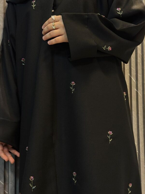 Straight Buttoned Up Abaya With Emroidered Flowers - Image 3