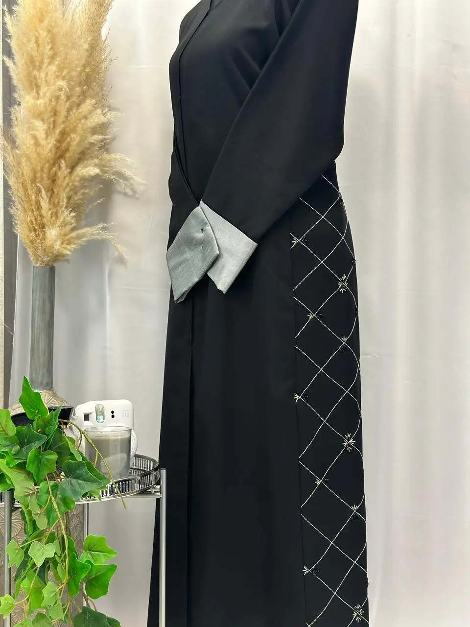 Straight buttoned up pocket Abaya with hand embroidery