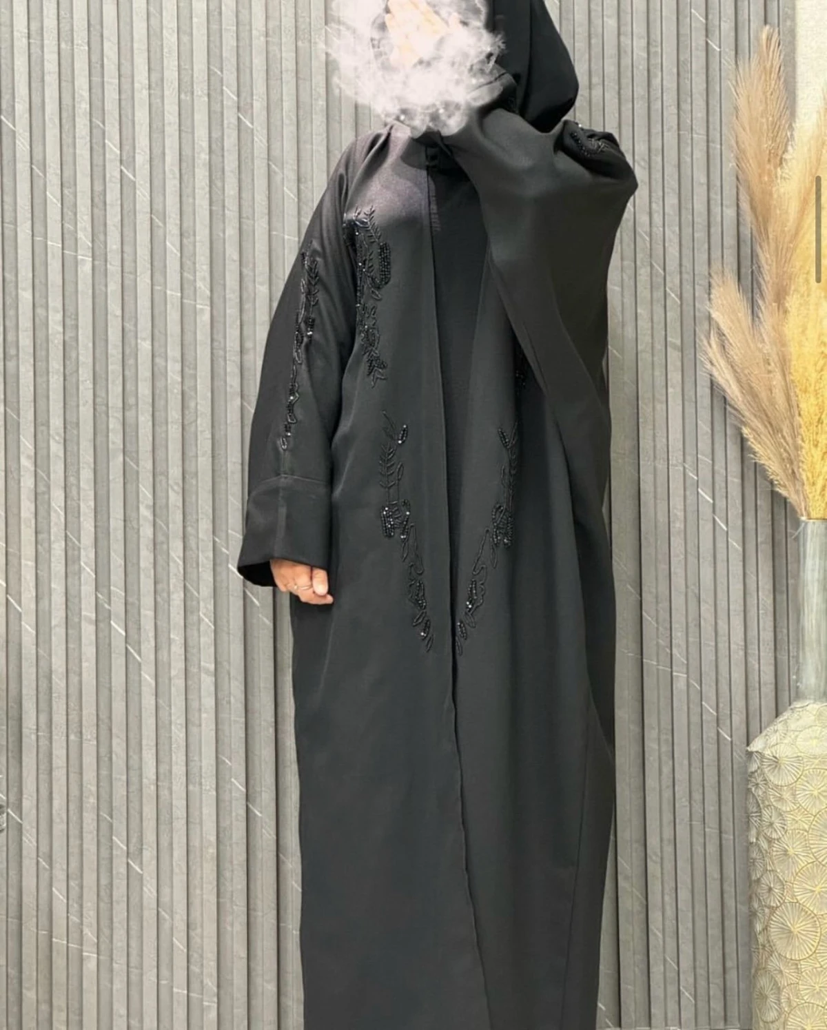 Hand Embroidered Black Open Farasha