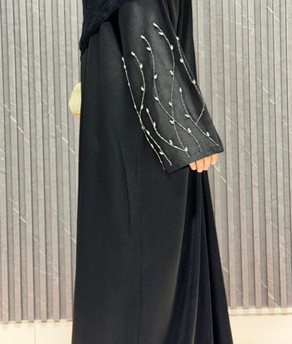 Straight buttoned up abaya, beaded work on sleeves - Image 2