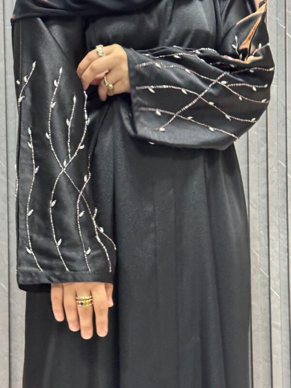 Straight buttoned up abaya, beaded work on sleeves - Image 3