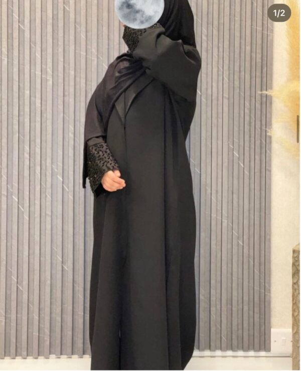 Buttoned up straight Abaya with handwork on sleeves - Image 2