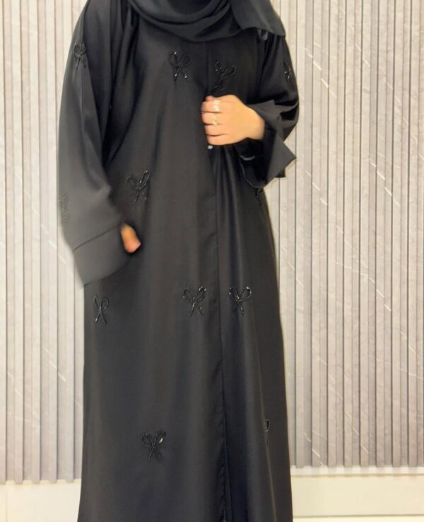 Buttoned up, hand embroidered bow abaya - Image 2