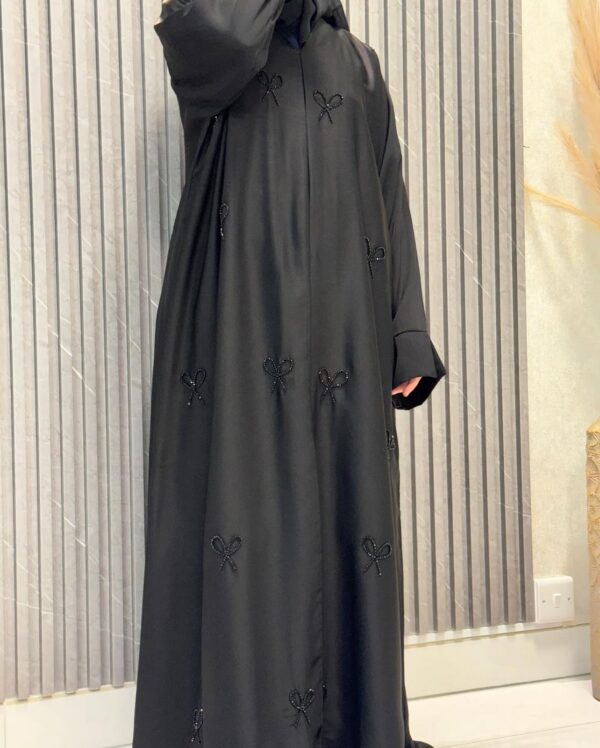Buttoned up, hand embroidered bow abaya - Image 5