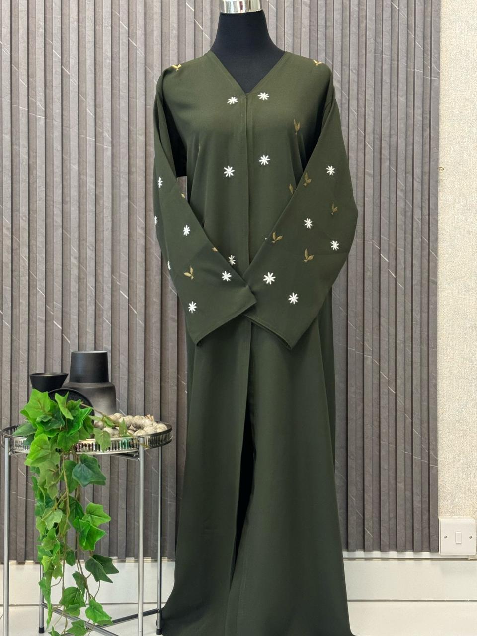 Straight buttoned up abaya with embroidery on the sleeves and front