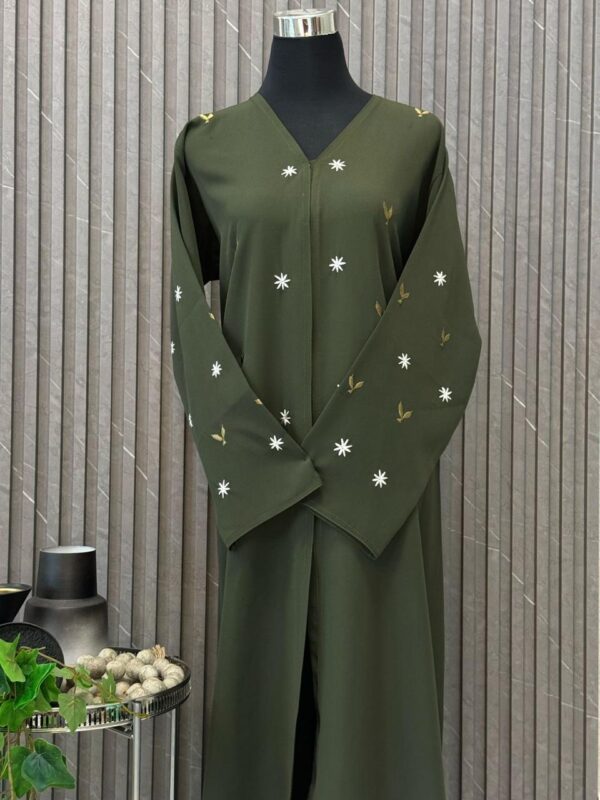 Straight buttoned up abaya with embroidery on the sleeves and front - Image 2