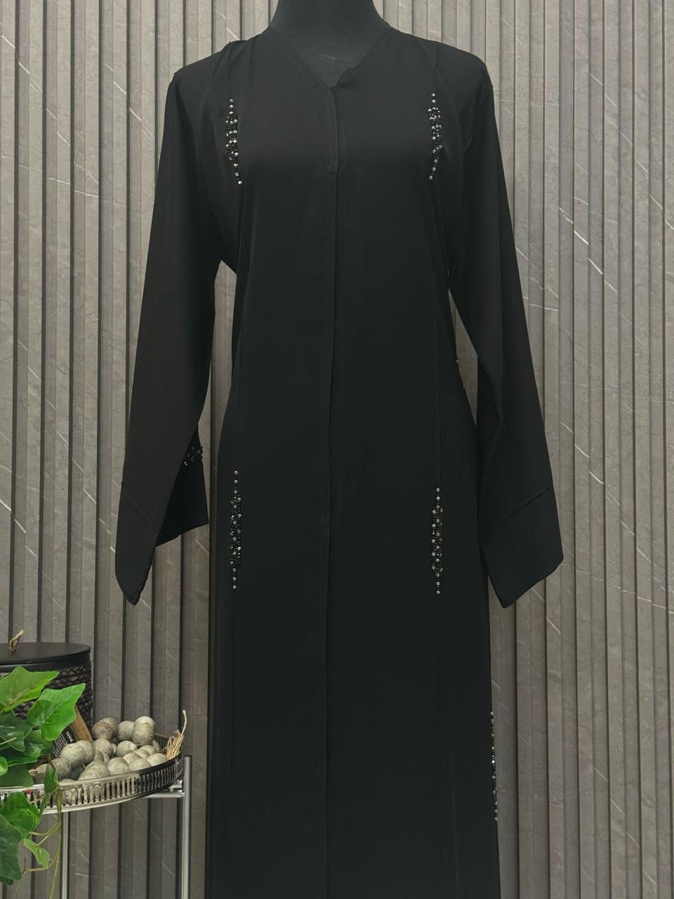 Straight buttoned up abaya with hand woven beaded work