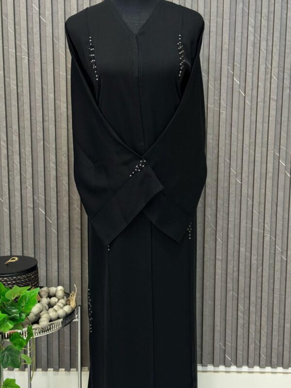 Straight buttoned up abaya with hand woven beaded work - Image 2