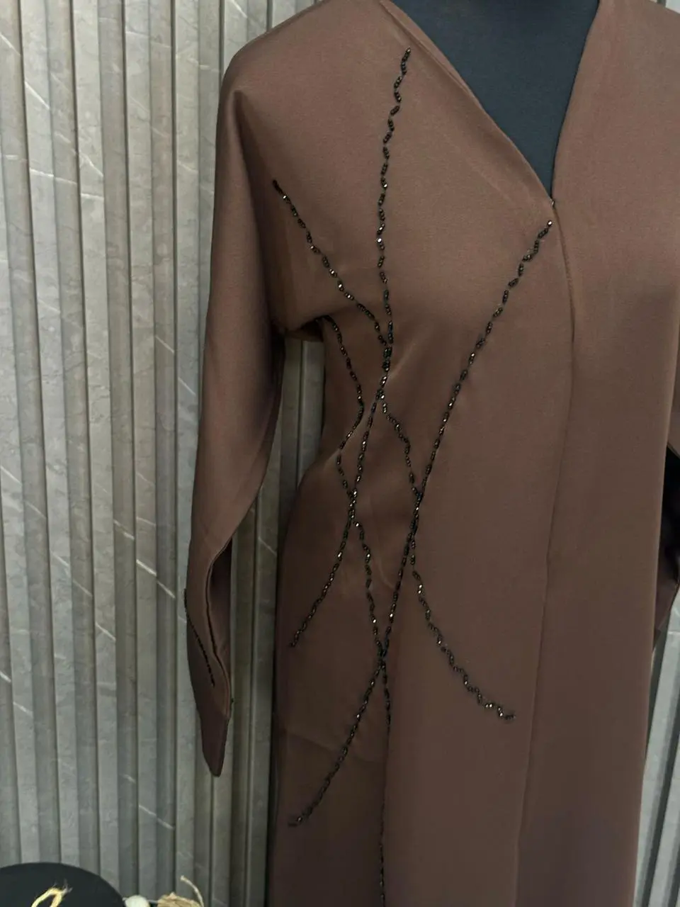 Straight buttoned up abaya with beaded work - Image 2