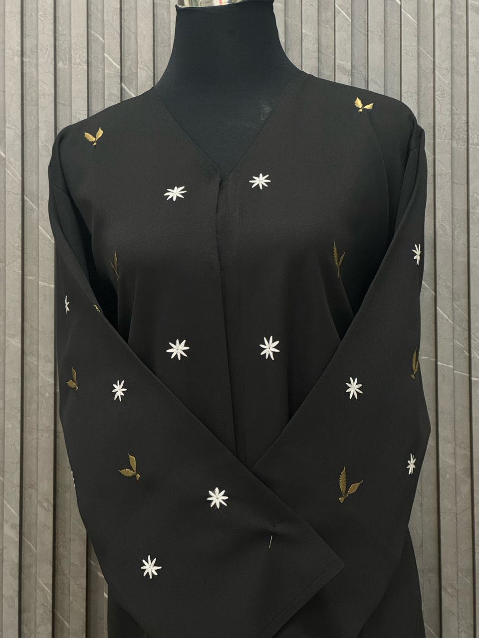 Straight buttoned up abaya with embroidery on the sleeves and front