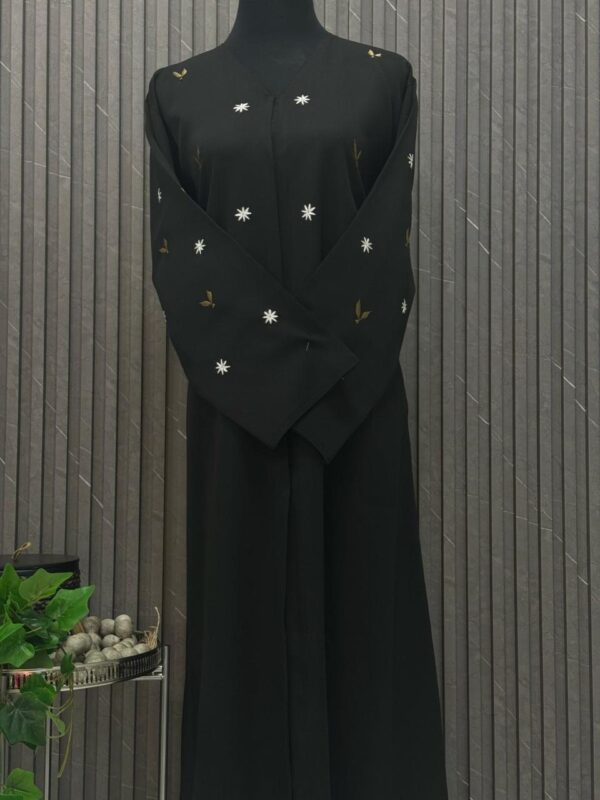 Straight buttoned up abaya with embroidery on the sleeves and front - Image 2