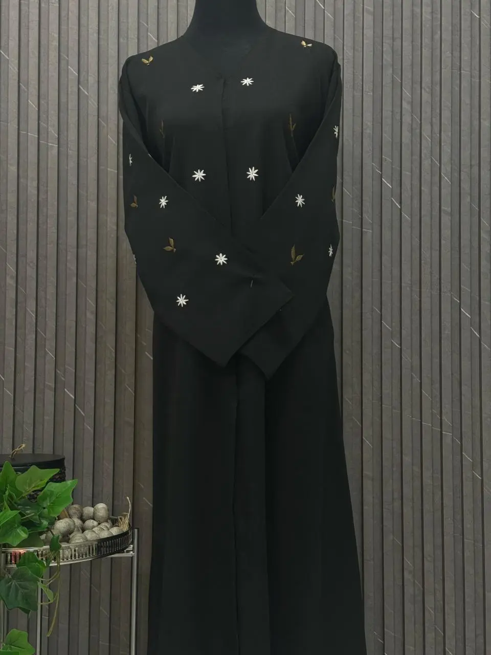 Straight buttoned up abaya with embroidery on the sleeves and front - Image 2