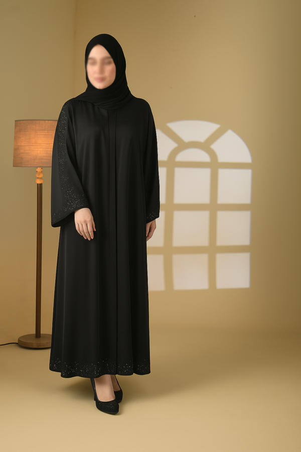 Front open plain straight coat abaya with stonework all over the sleeves and the bottom - Image 4