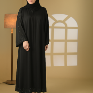 Front open plain straight coat abaya with stonework all over the sleeves and the bottom