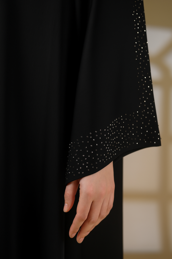 Front open plain straight coat abaya with stonework all over the sleeves and the bottom - Image 2