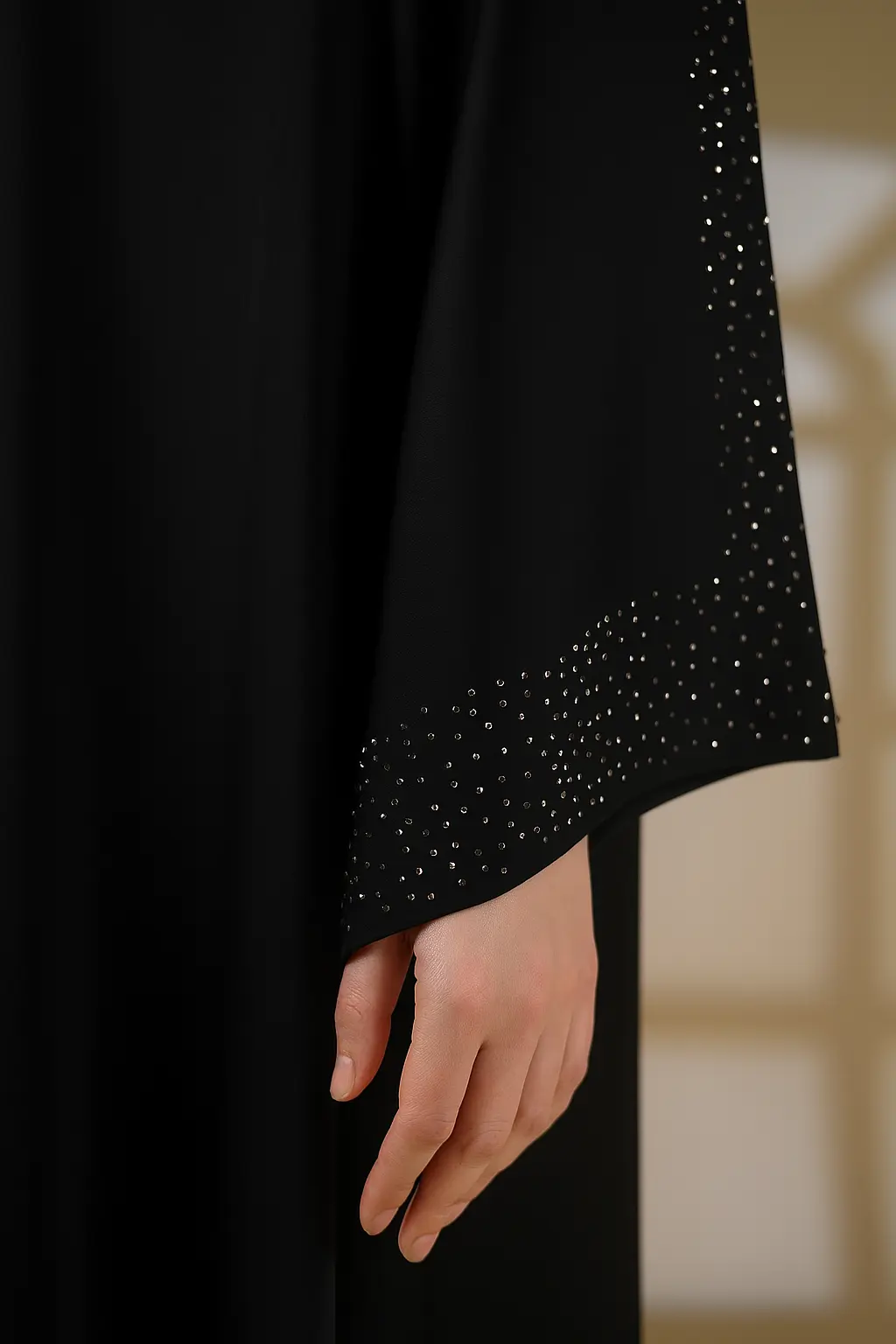 Front open plain straight coat abaya with stonework all over the sleeves and the bottom - Image 2