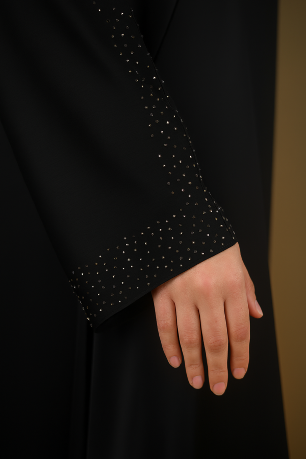 Front open plain straight coat abaya with stonework all over the sleeves and the bottom - Image 3