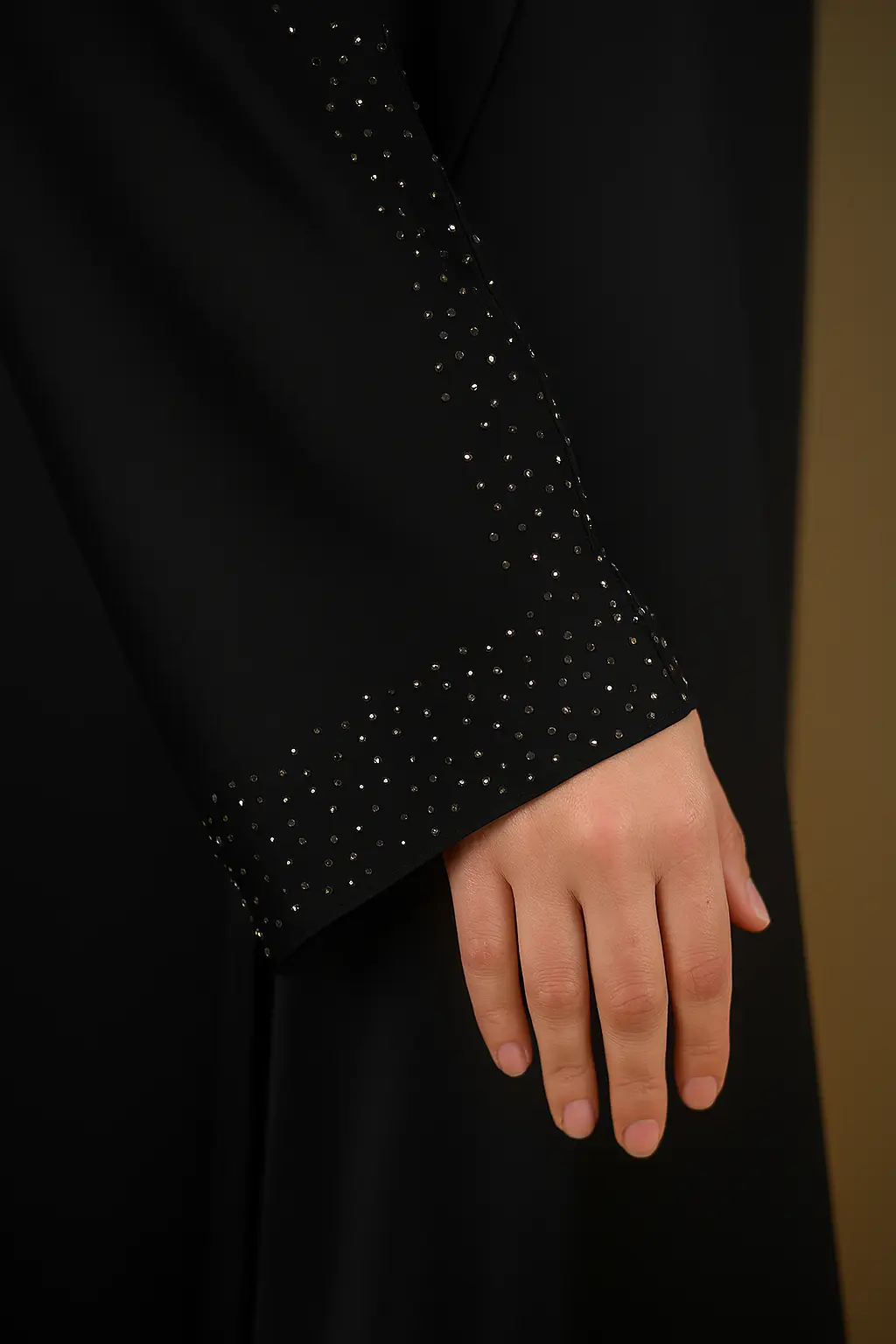 Front open plain straight coat abaya with stonework all over the sleeves and the bottom - Image 3