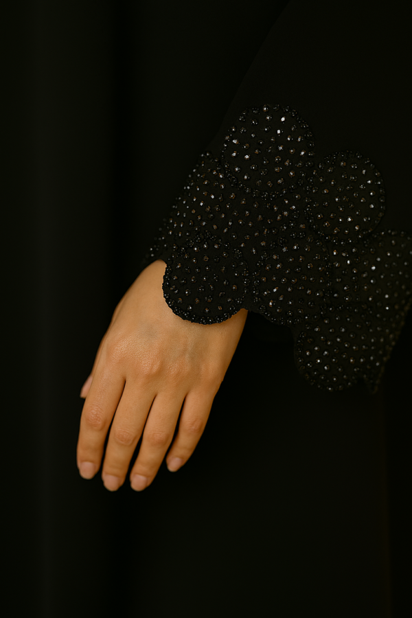 Plain Farasha adorned with 100% guaranteed premium stones on the sleeves and the scarf - Image 2