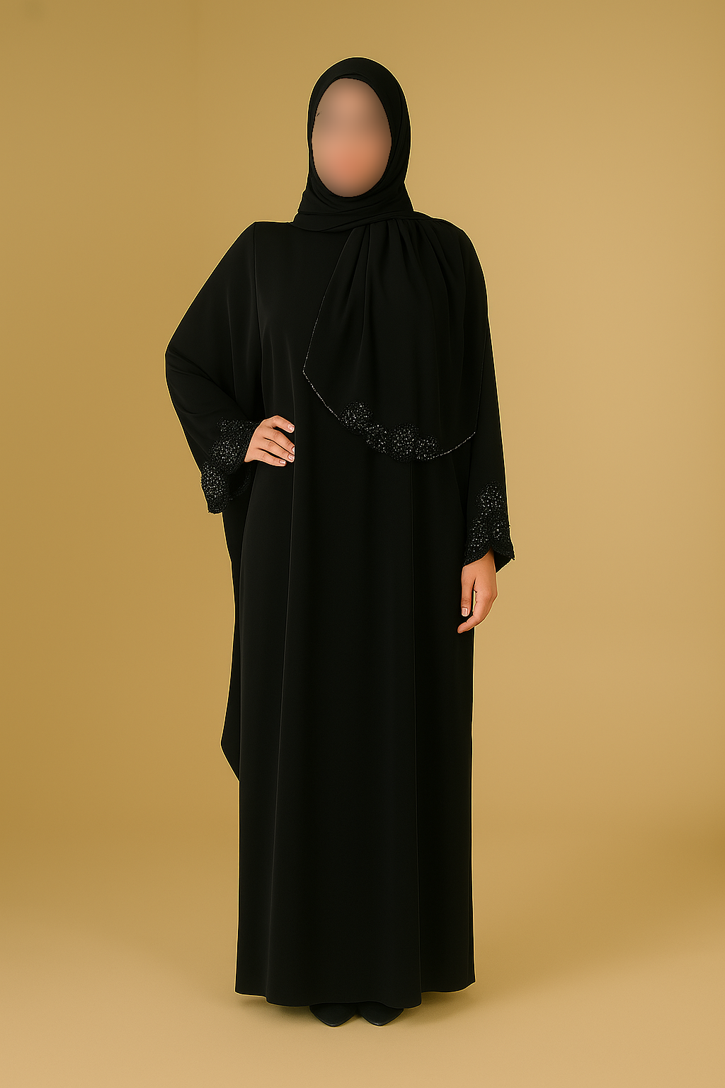 Plain Farasha adorned with 100% guaranteed premium stones on the sleeves and the scarf
