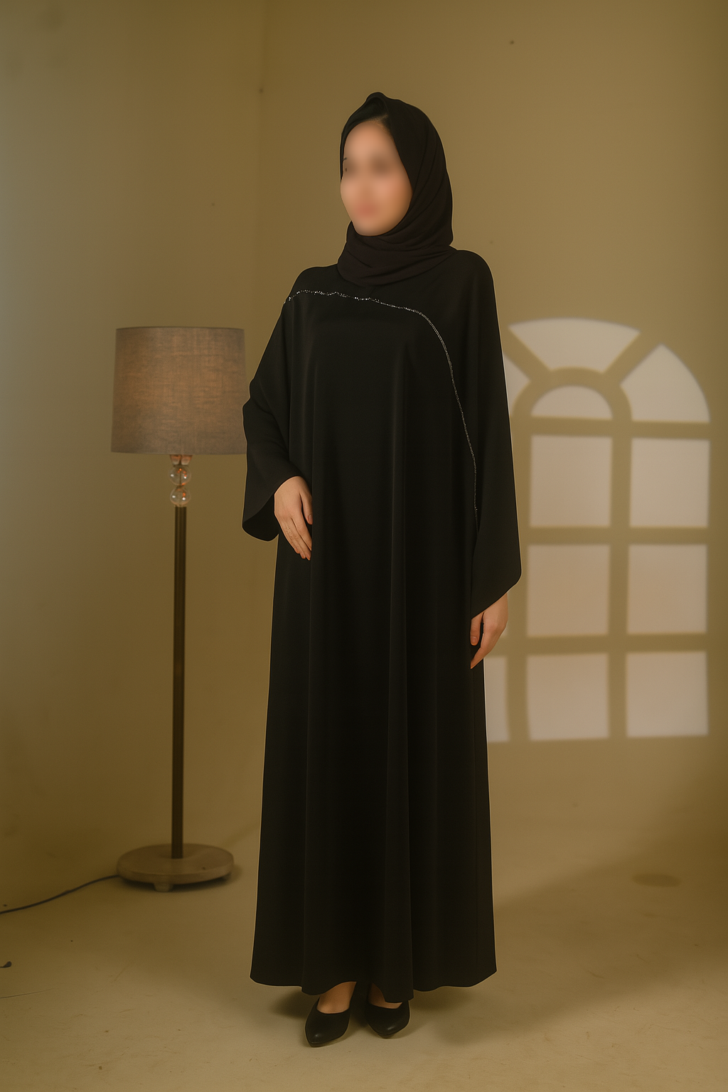 Plain Farasha with a two lined 100% guaranteed premium stonework all around the abaya and the scarf