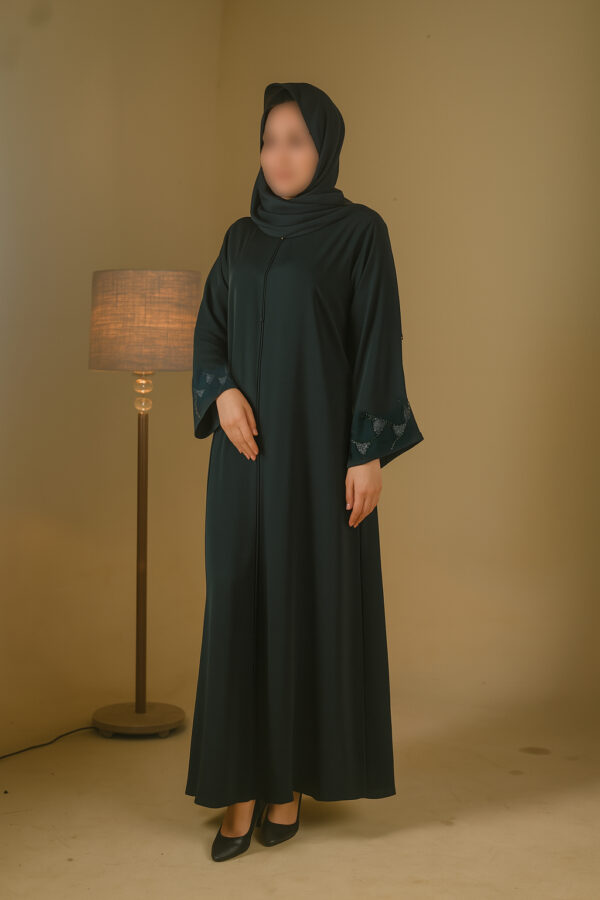 Buttoned up straight abaya with beaded work in the sleeves - Image 4