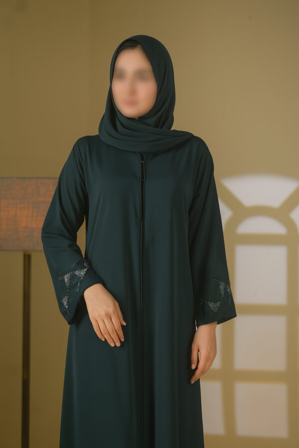 Buttoned up straight abaya with beaded work in the sleeves - Image 2