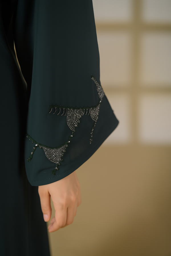Buttoned up straight abaya with beaded work in the sleeves - Image 3