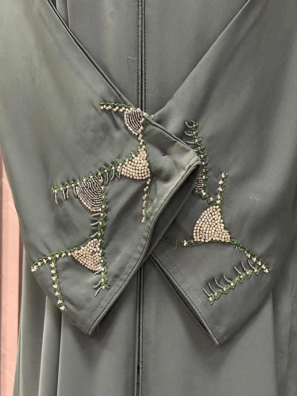 Buttoned up straight abaya with beaded work in the sleeves - Image 3