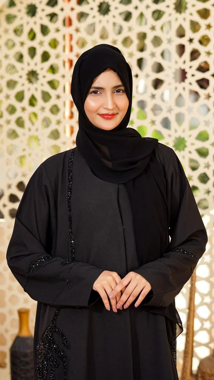 Buttoned-up straight abaya featuring embedded beads on the sleeves and pockets - Image 5
