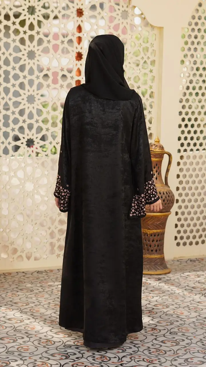 A refined abaya in premium Roso fabric, highlighted with elegant rose-gold work on the sleeves and duppata for a subtle, luxurious finish. - Image 4