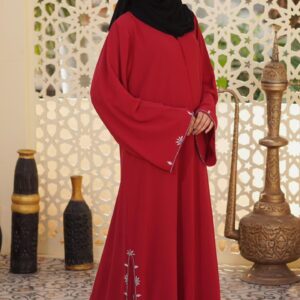 An elegant double chiffon maroon abaya featuring delicate silver detailing, paired with a matching dupatta for a graceful and refined look.