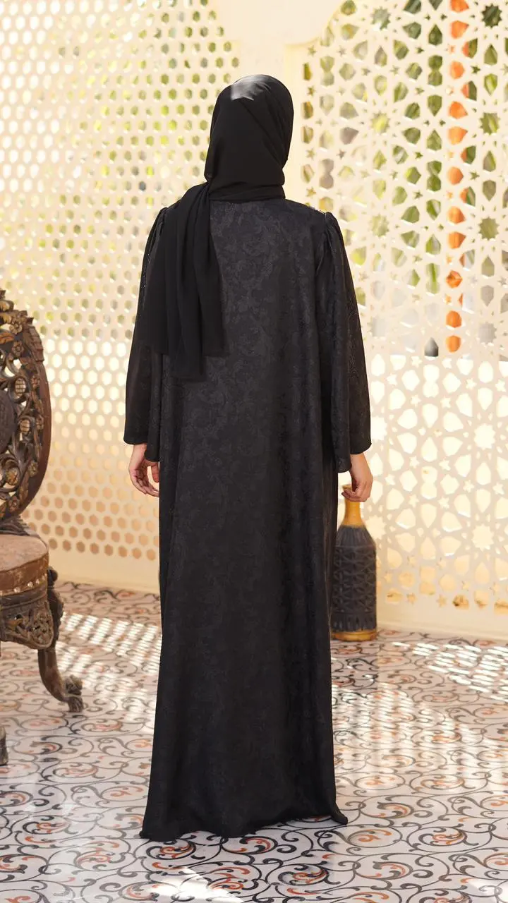 Straight-cut abaya crafted in self-designed fabric, enhanced with fine cut bead embellishment - Image 5